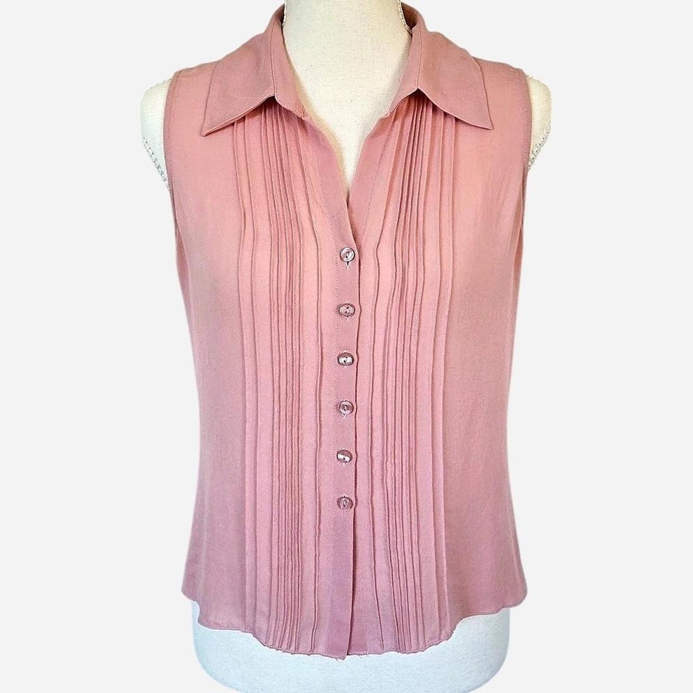 Kasper Retro Sleeveless Silk Button up Pleated Collared Blouse Pink Size